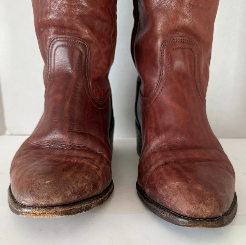 Vtg Frye Leather Cowboy Boots 3029 Brown Western Stitched USA 80s Sz 8.5 EE Wide